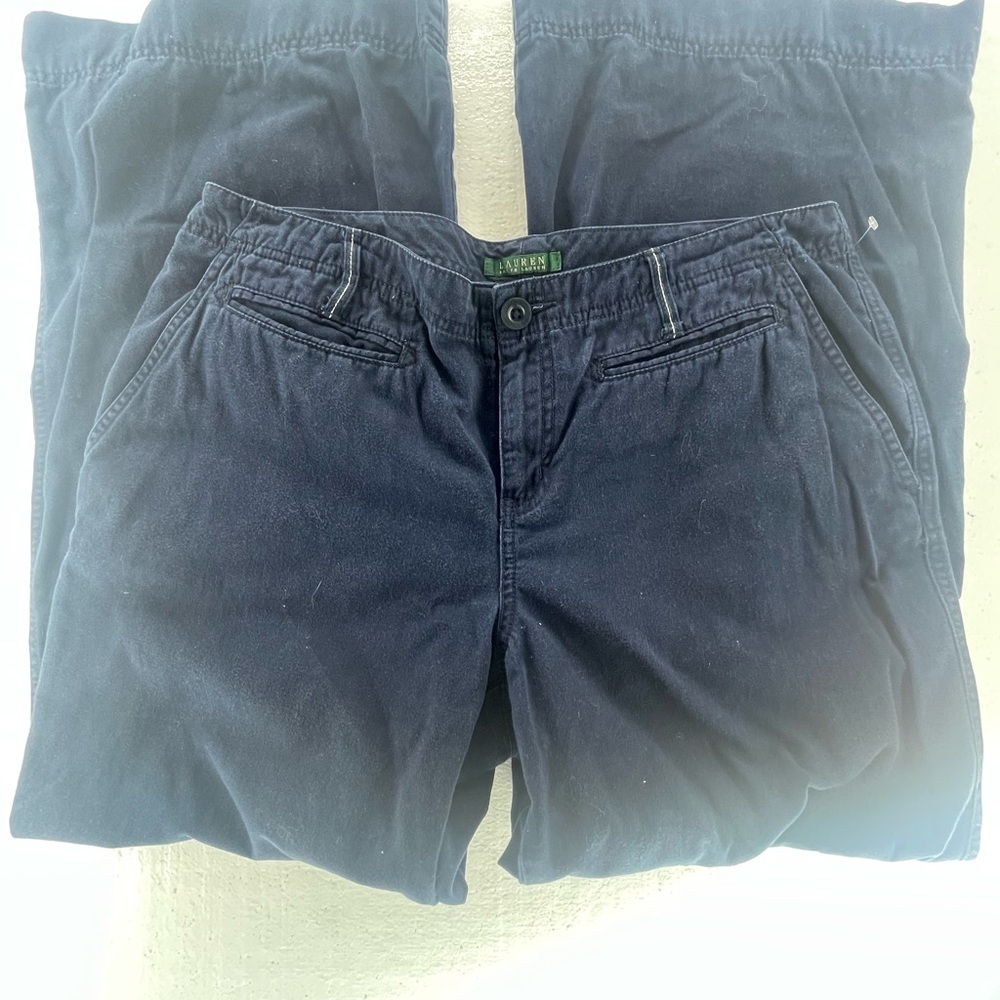 RALPH LAUREN High Rise Navy Blue Straight Leg Jeans‎ Anchor Button Size 14